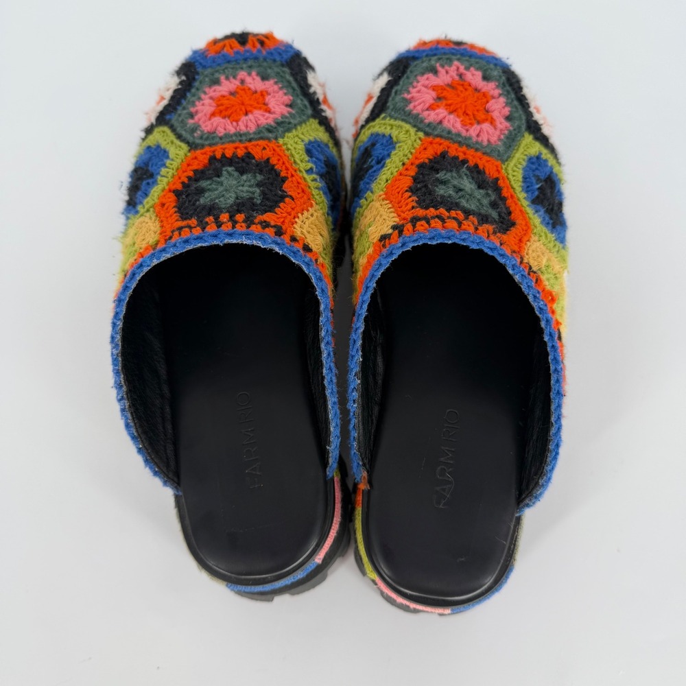 FARM RIO BLACK COLORFUL CROCHET PLATFORM MULES SIZE 8 GRANNY SQUARE BOHO HIPPIE - Picture 5 of 13